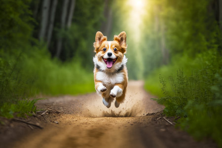 Brown and white dog running down dirt road next to forest. Generative AI.の素材