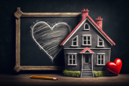 Drawing of house and heart next to chalkboard with drawing of house on it. Generative AI.の素材