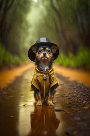 Small dog wearing yellow raincoat and black hat sitting on wet road. Generative AI.の素材