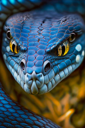 Close up of blue snake's head with yellow and yellow eyes. Generative AI.の素材