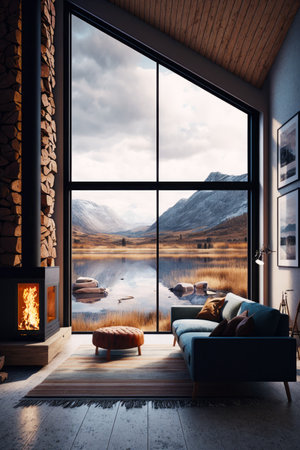 Living room filled with furniture and fire place next to window. Generative AI.の素材
