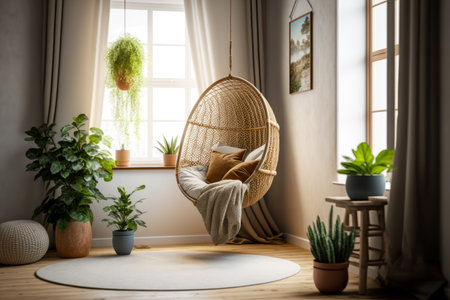 Living room with hanging chair, potted plants, and round rug. Generative AI.の素材
