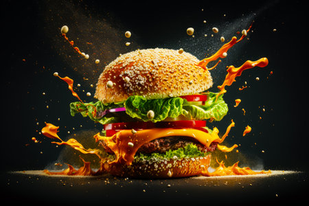 Large hamburger with lot of burn on it's side and lots of cheese and lettuce on top of it. Generative AI.の素材