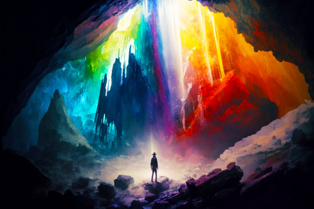 Man standing in cave with rainbow colored waterfall in the background. Generative AI.の素材