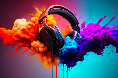 Pair of headphones in front of colorful cloud of colored paint. Generative AI.の素材