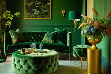 Living room with green velvet furniture and painting on the wall behind the couch. Generative AI.の素材