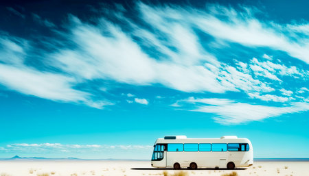 Bus is parked on the side of the road in the middle of the desert. Generative AI.の素材