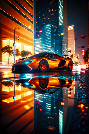 Very nice looking sports car in the middle of city at night. Generative AI.の素材