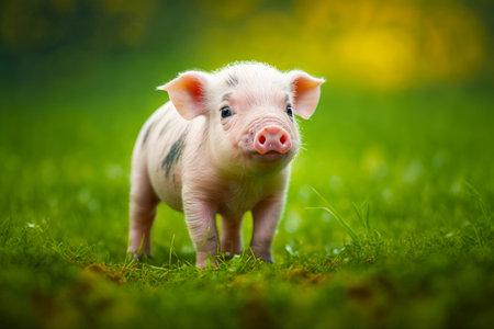 Small pig standing on top of lush green grass covered field next to forest. Generative AI.の素材