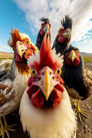 Group of chickens standing next to each other on top of field. Generative AI.の素材