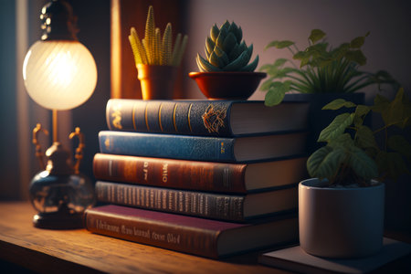 Stack of books sitting on top of table next to lamp. Generative AI.の素材