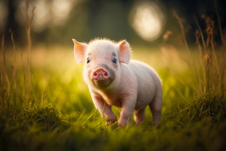 Small pig standing on top of lush green field next to forest. Generative AI.の素材