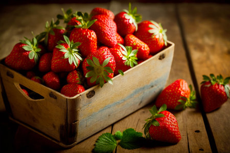 Wooden crate filled with ripe strawberries on top of wooden table. Generative AI.の素材
