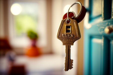 Close up of key on keychain with blurry background. Generative AI.の素材