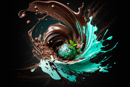 An image of chocolate covered with green and blue splashes. Generative AI.の素材