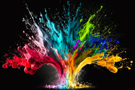 Colorful splashes of paint on black background. Generative AI.の素材