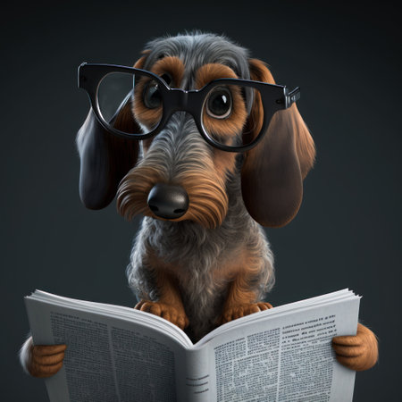 Dachshund dog wearing glasses reading book. Generative AI.の素材