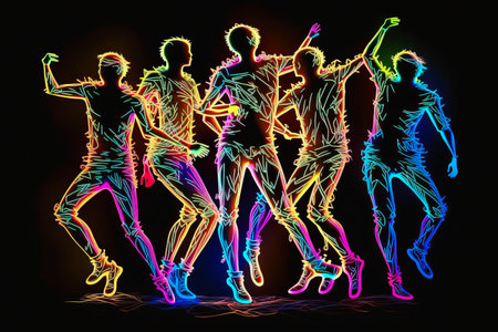 Group of people dancing in neon colors on black background. Generative AI.の素材
