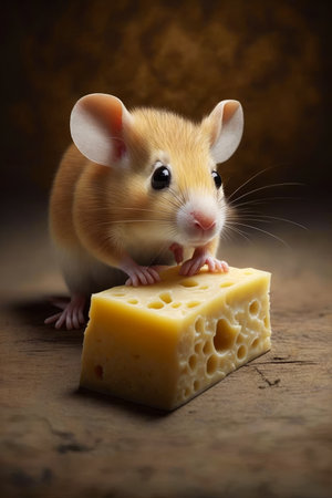 Mouse eating piece of cheese on wooden table. Generative AI.の素材