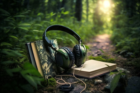 Pair of headphones and book in the woods. Generative AI.の素材
