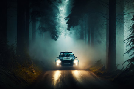 Car driving through dark forest at night. Generative AI.の素材