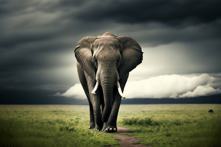 Elephant walking down dirt path in grassy field under dark sky with clouds. Generative AI.の素材