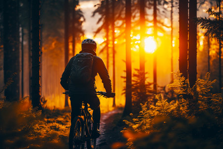 Person riding bike on trail in the woods with the sun shining through the trees. Generative AI.の素材