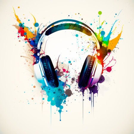 Headphones with colorful splashes on white background. Generative AI.の素材