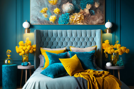 Bed with blue and yellow pillows and painting on the wall above the bed. Generative AI.の素材