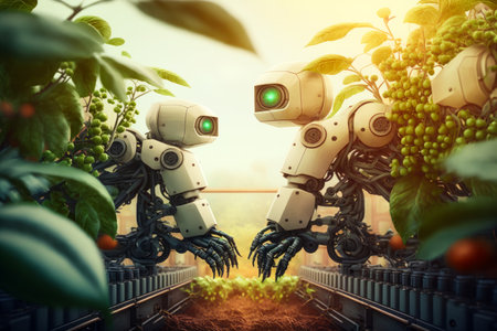 Two robots in garden with plants. Generative AI.の素材