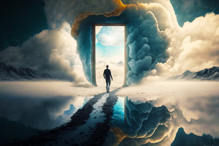 Man is walking out of open door into surreal sky filled with clouds. Generative AI.の素材