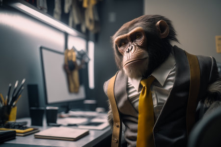 Monkey in suit and tie sitting at desk with computer on it. Generative AI.の素材
