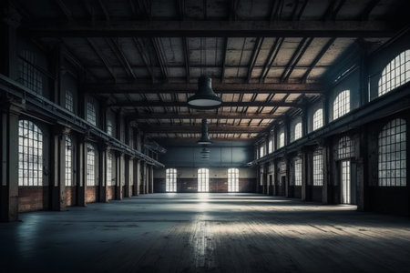 Empty warehouse with lots of windows and light hanging from the ceiling in the middle of the room. Generative AI.の素材