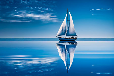 Sailboat floating in the middle of body of water with blue sky in the background. Generative AI.の素材