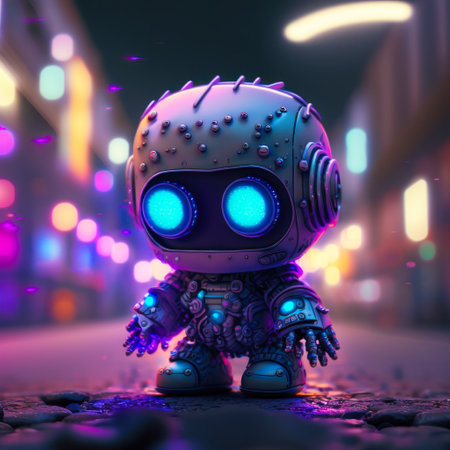 Small robot with glowing eyes on city street. Generative AI.の素材
