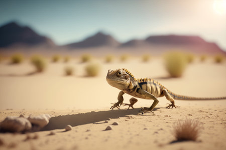 Small lizard standing on top of sandy ground in the middle of desert. Generative AI.の素材