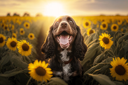 Brown and white dog sitting in field of sunflowers with his mouth open. Generative AI.の素材
