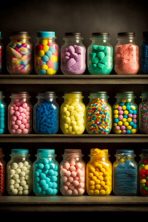 Shelf filled with glass jars filled with different types of candies and chocolates. Generative AI.の素材