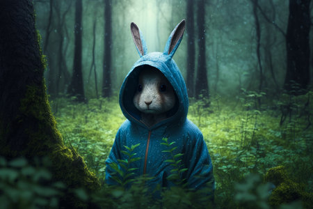 Rabbit in blue jacket in forest with light shining through the trees. Generative AI.の素材