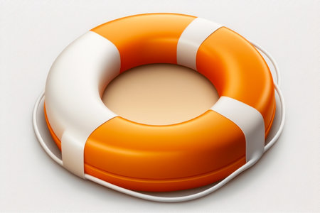An orange and white life preserver on white background. Generative AI.の素材