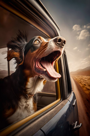 Dog sticking its head out of car window with its mouth open. Generative AI.の素材