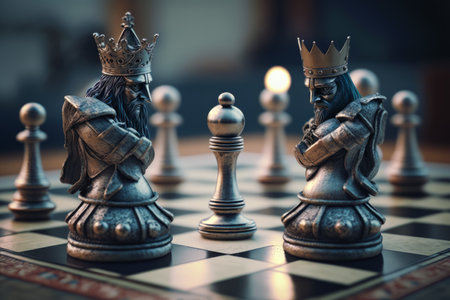 Two chess pieces with crowns on them sitting on chess board. Generative AI.の素材