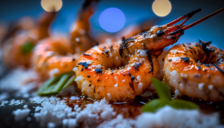Close up of grilled shrimp on plate. Generative AI.の素材