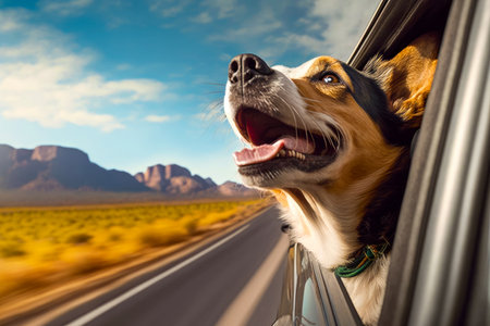 Dog sticking its head out of car window looking out the window. Generative AI.の素材
