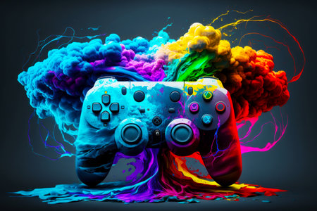 Close up of two video game controllers with colored smoke in the background. Generative AI.の素材