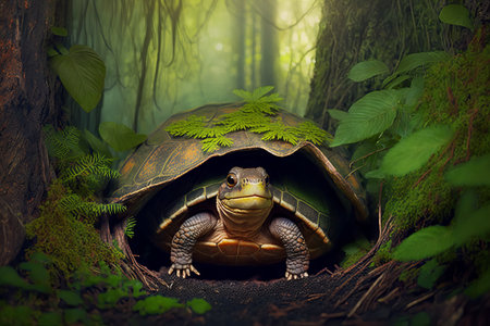 Large tortoise in the middle of forest with ferns on the ground. Generative AI.の素材