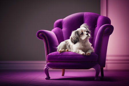 Small white and gray dog sitting on purple chair in front of window. Generative AI.の素材
