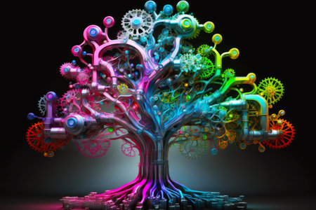 Multicolored tree with gears and wheels on it's trunk, with black background. Generative AI.の素材