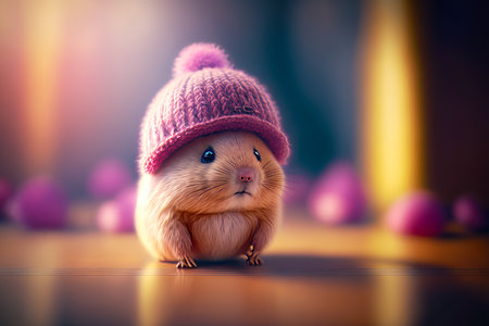 Small hamster wearing pink knitted hat with pom pom on it's head. Generative AI.の素材