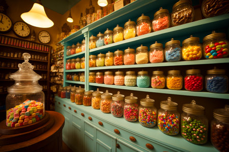 Store filled with lots of different types of candies and candy in glass jars. Generative AI.の素材